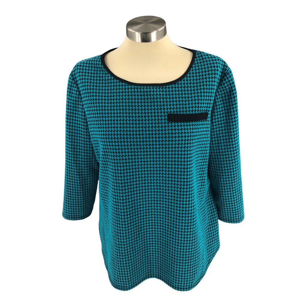 Bedford Fair Womens Blouse Large Teal Black Tunic Faux Pocket 3/4 Sleeve USA